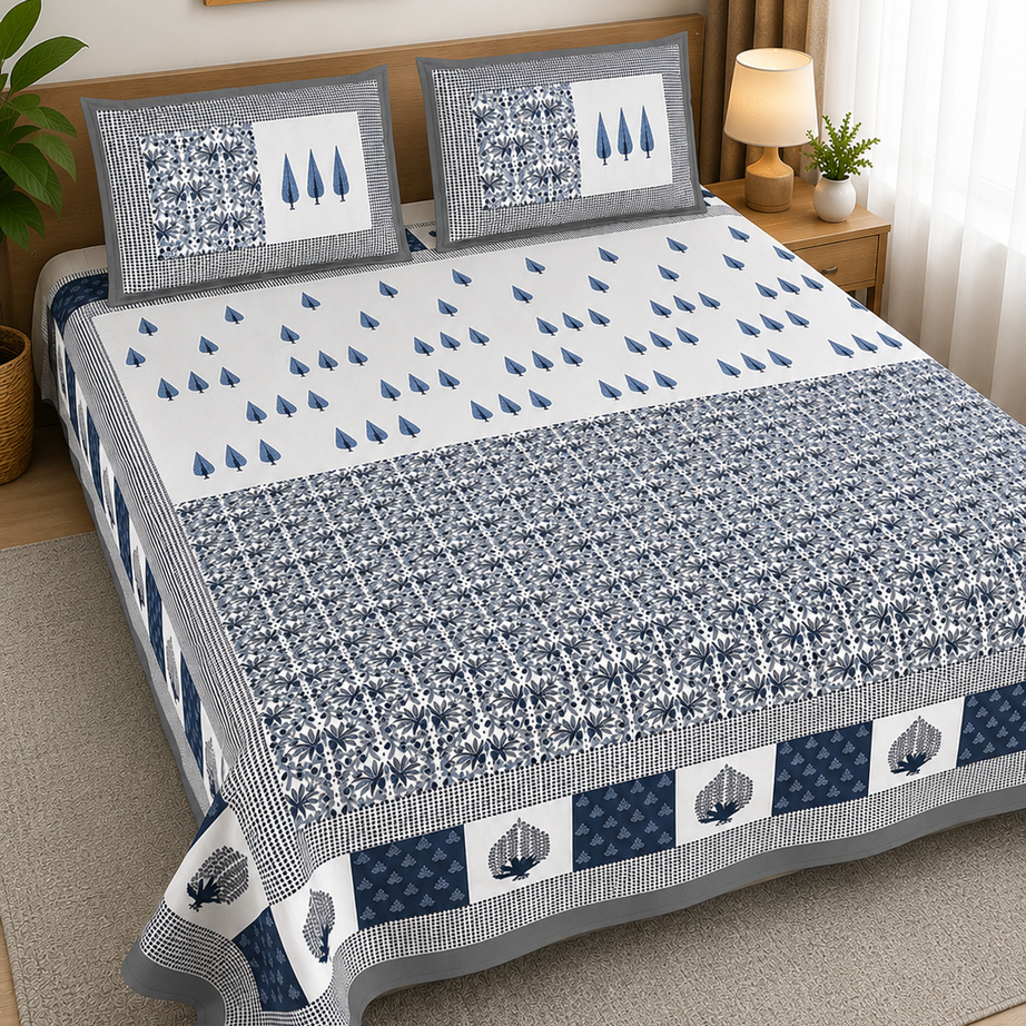 Pure Cotton White & Blue Printed Double Bedsheet – Floral Buti & Leaf Motif Design