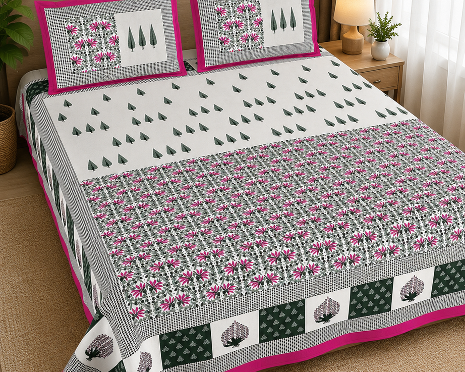 Pure Cotton White & Green Floral Printed Double Bedsheet – Pink Border & Leaf Motif Design