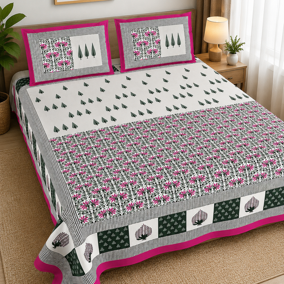 Pure Cotton White & Green Floral Printed Double Bedsheet – Pink Border & Leaf Motif Design