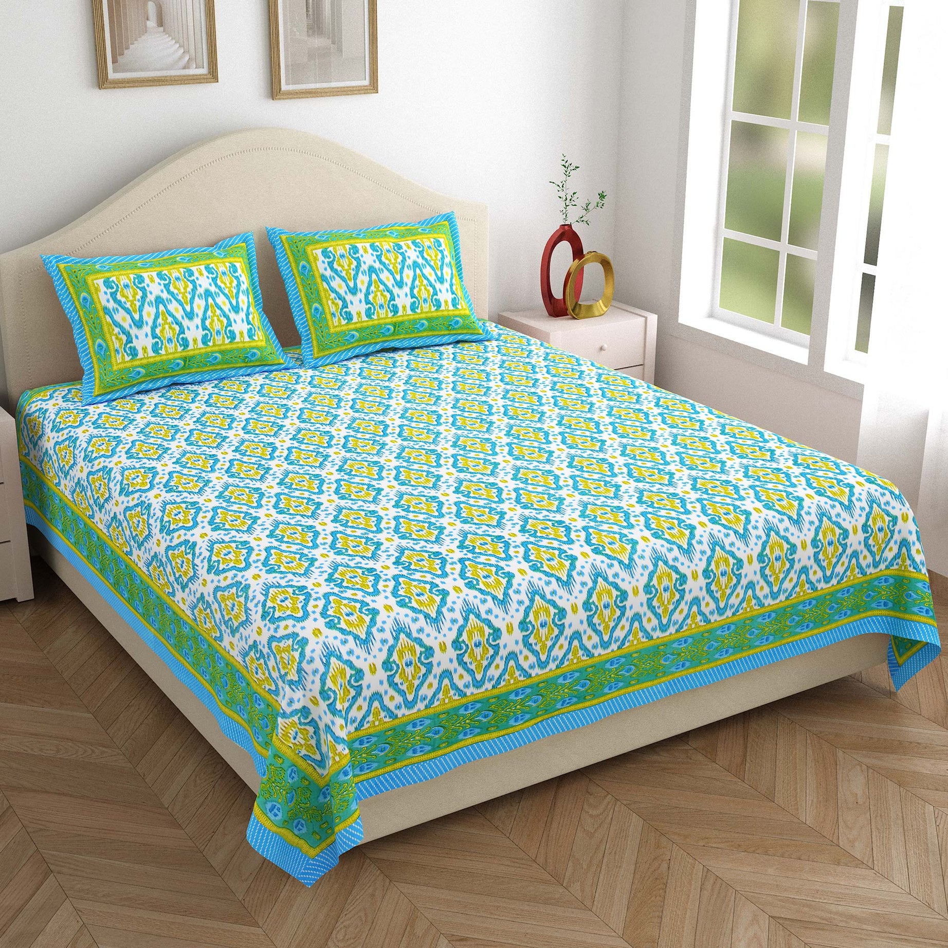 Ekkat Royale Cream King Size Bedsheet – 100x108 Inch - Green