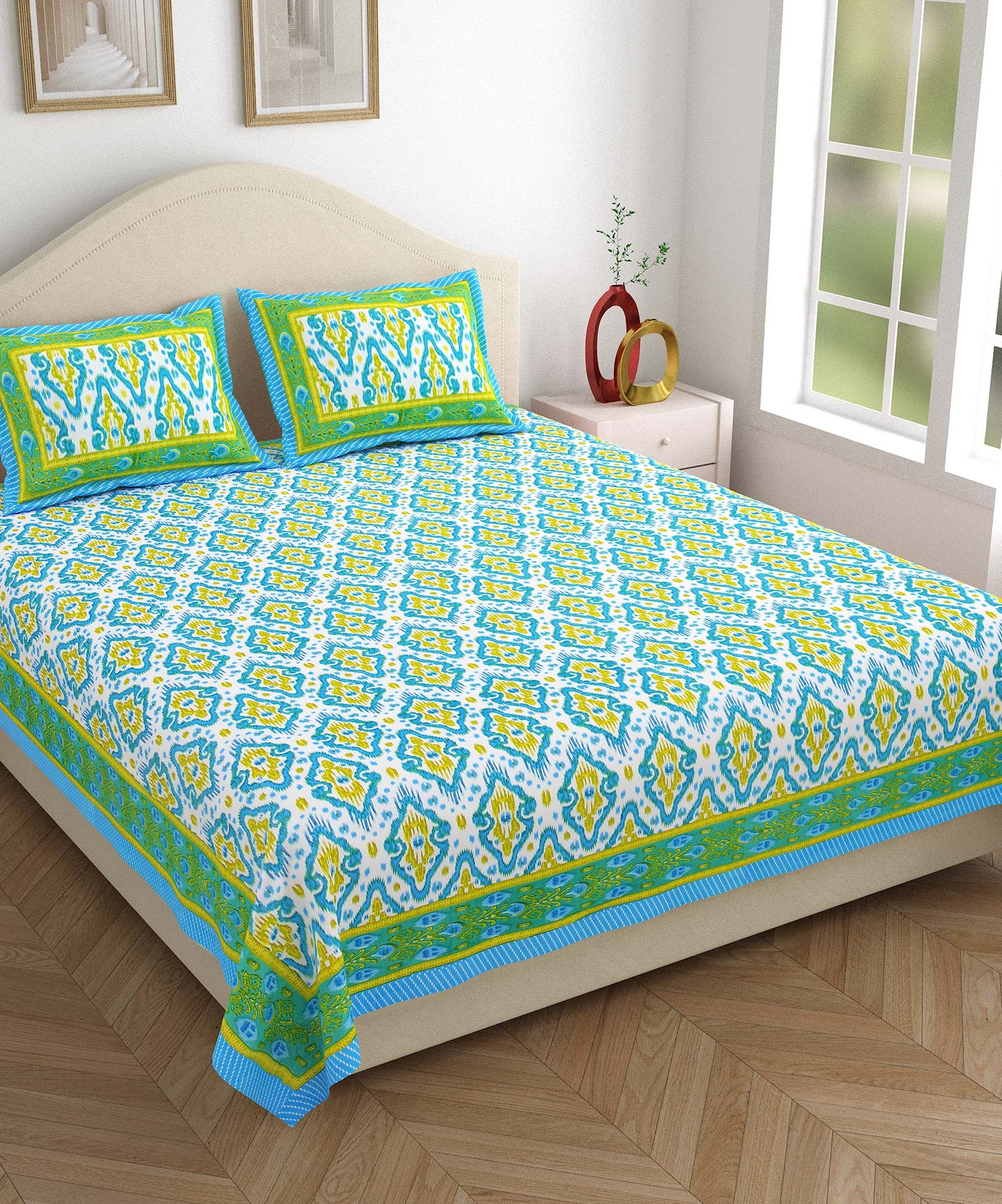 Ekkat Royale Cream King Size Bedsheet - Green