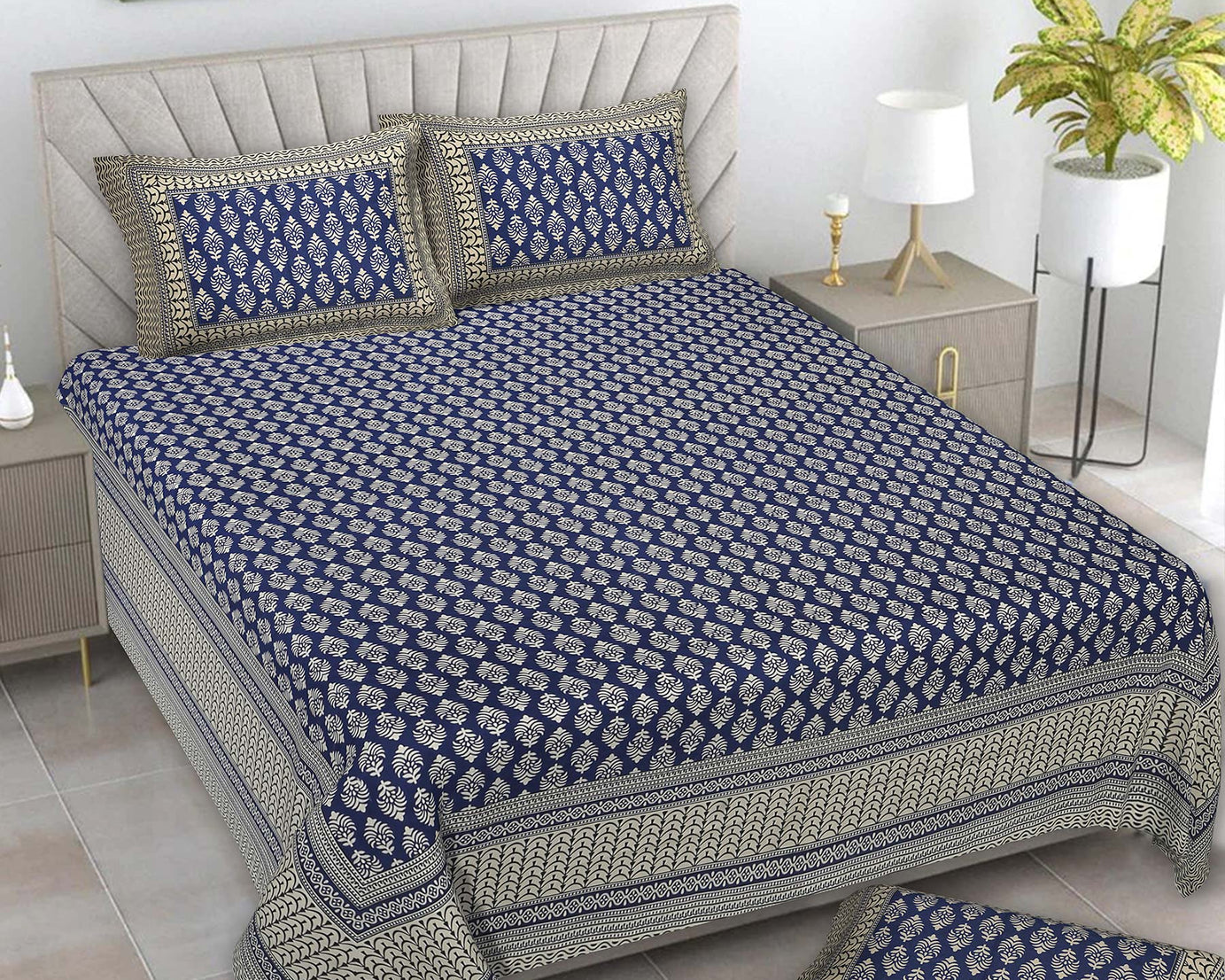 Classic Indigo Floral Print King Size Bedsheet