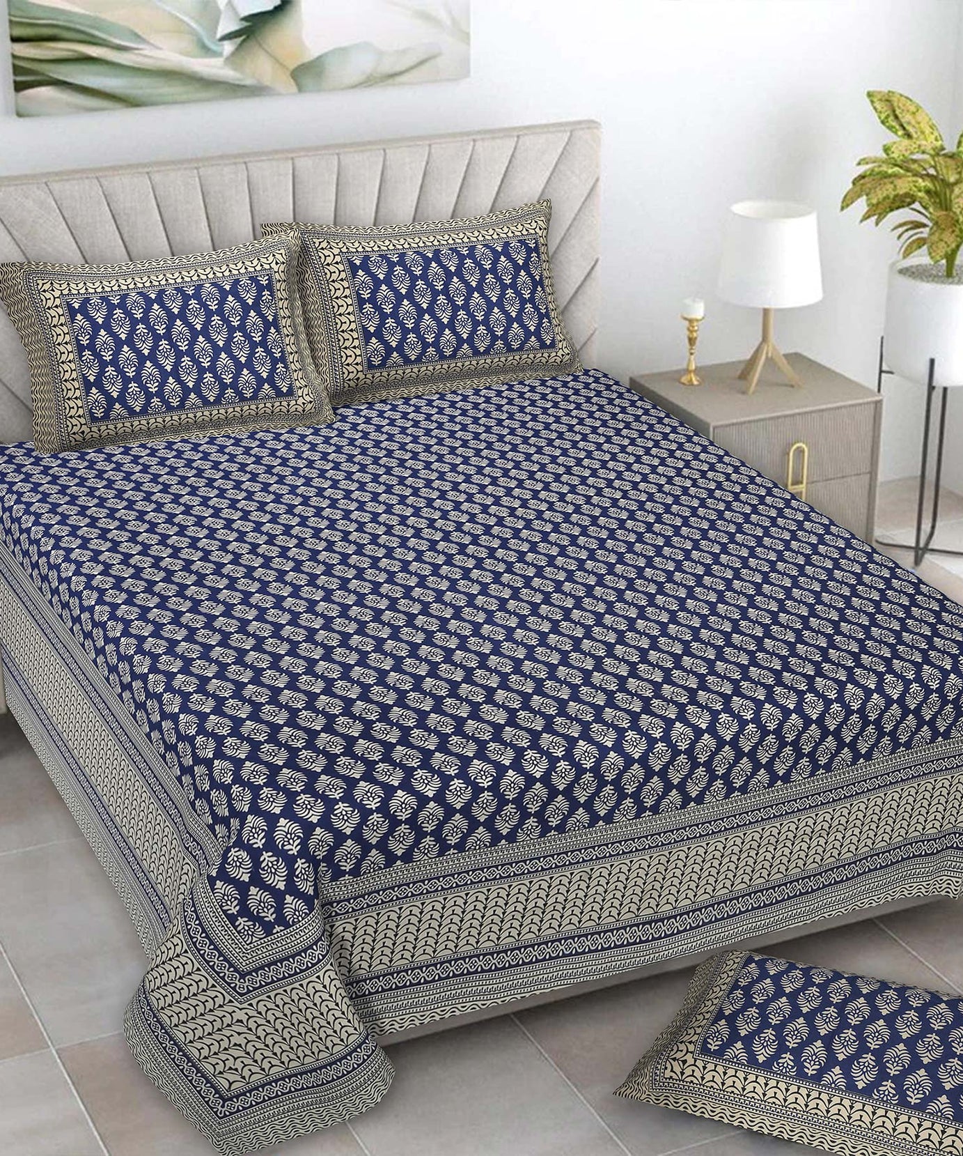 Classic Indigo Floral Print King Size Bedsheet