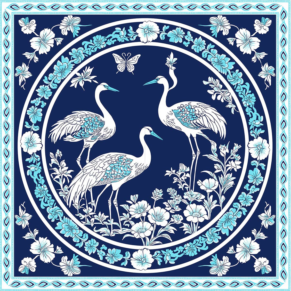 Blue Crane Floral King Size Bedsheet with 2 Pillow Covers