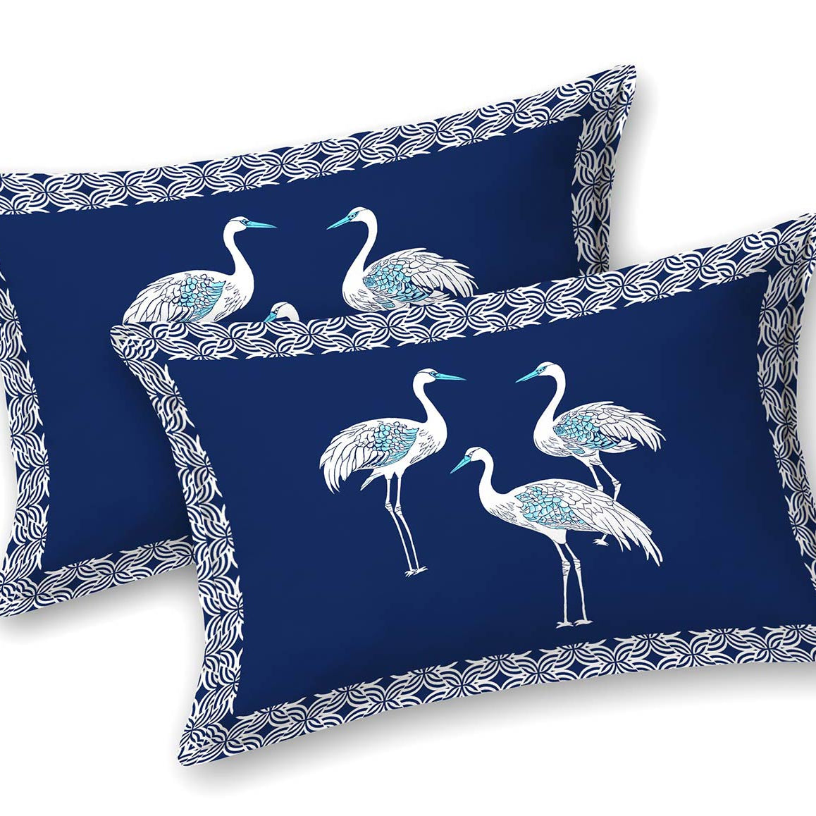 Blue Crane Floral King Size Bedsheet with 2 Pillow Covers