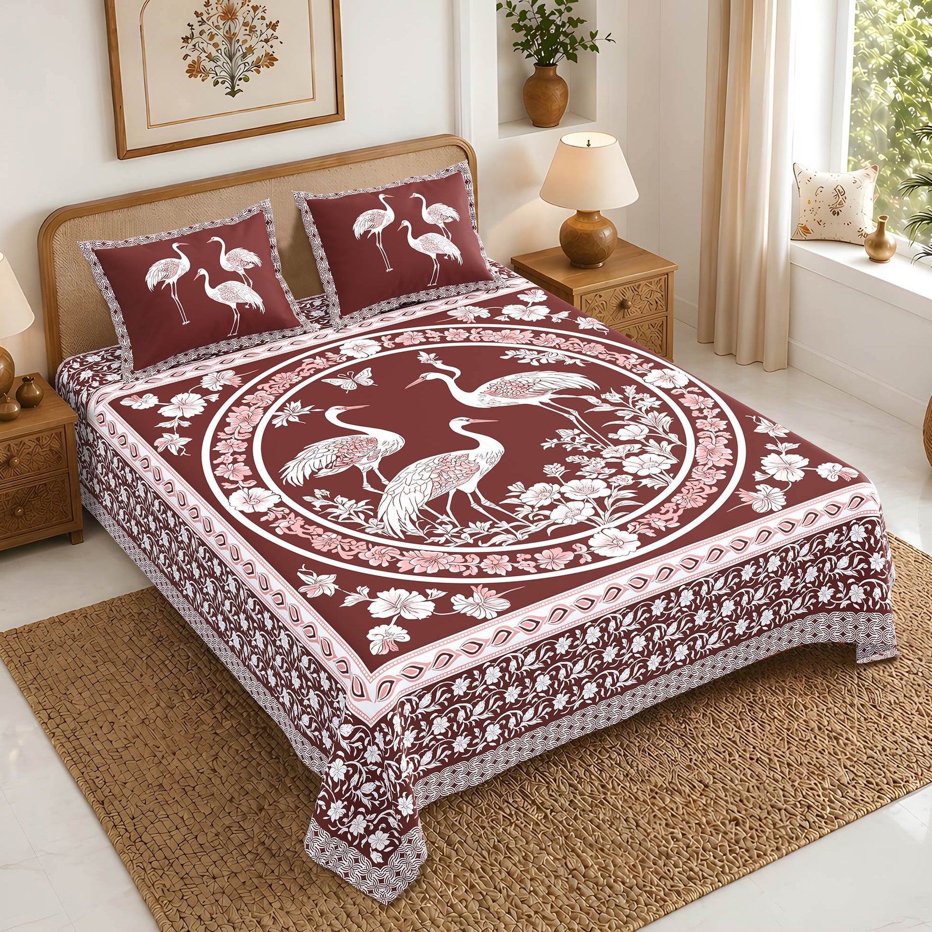Bed with a decorative quilt featuring bird patterns in a bedroom setting.