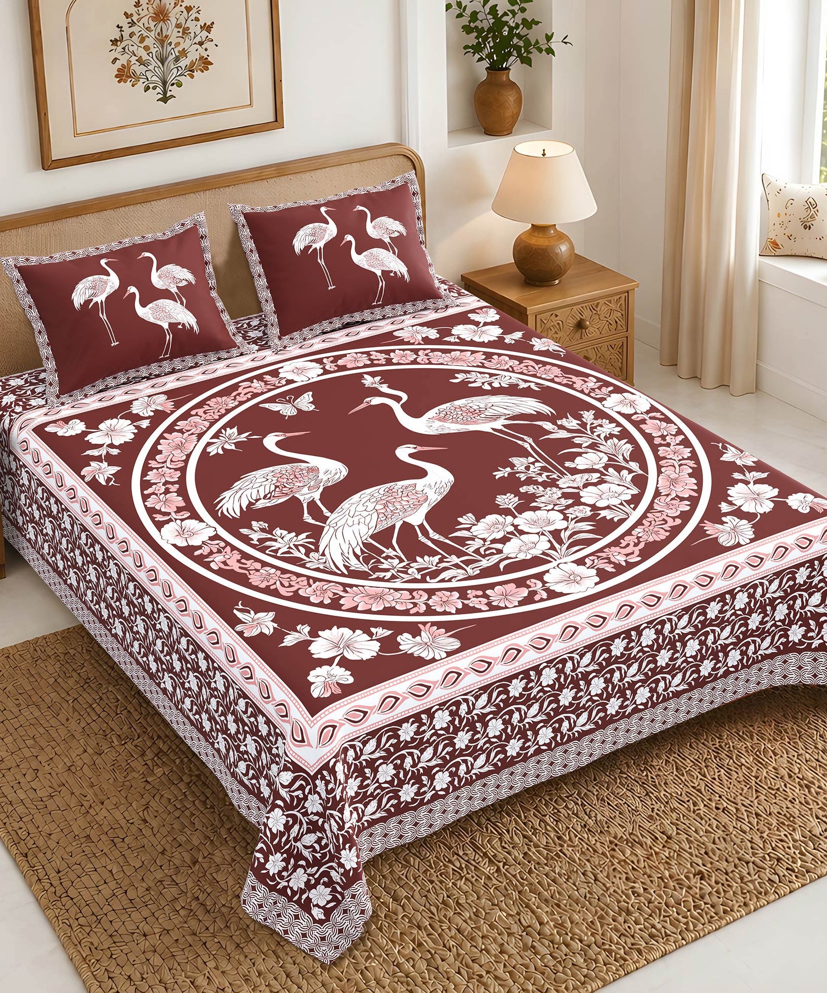 Bed with a decorative quilt featuring bird patterns in a bedroom setting.