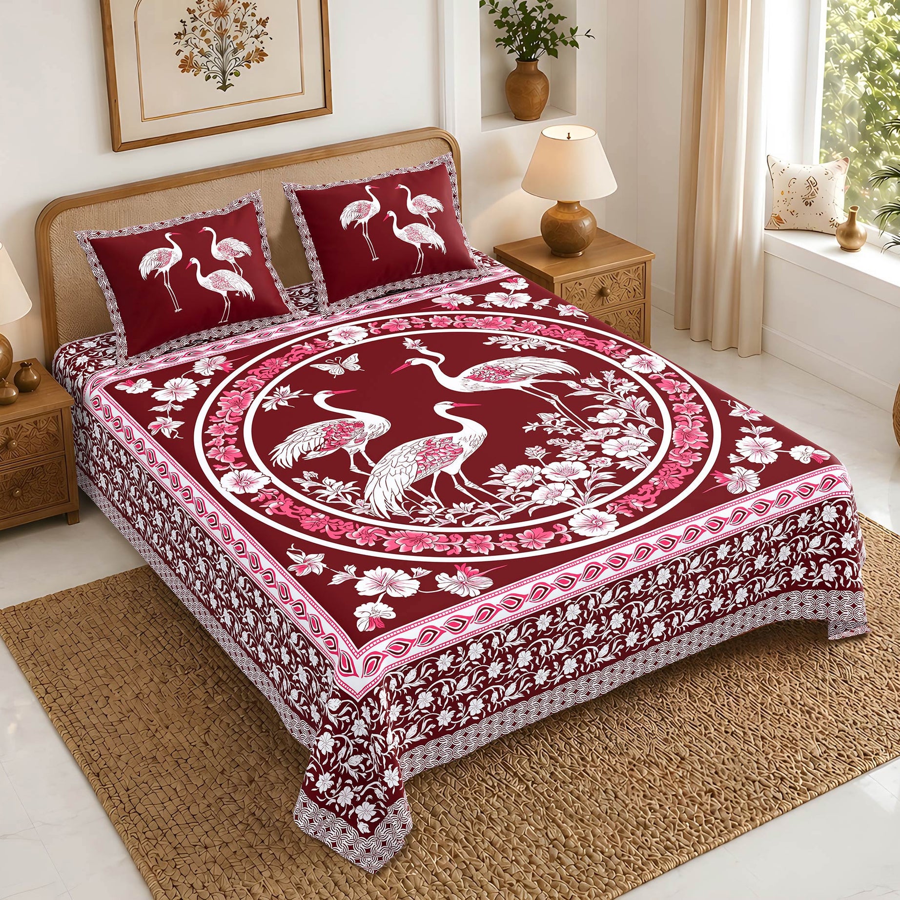 Bed with red and white floral and bird patterned bedspread in a bedroom setting.