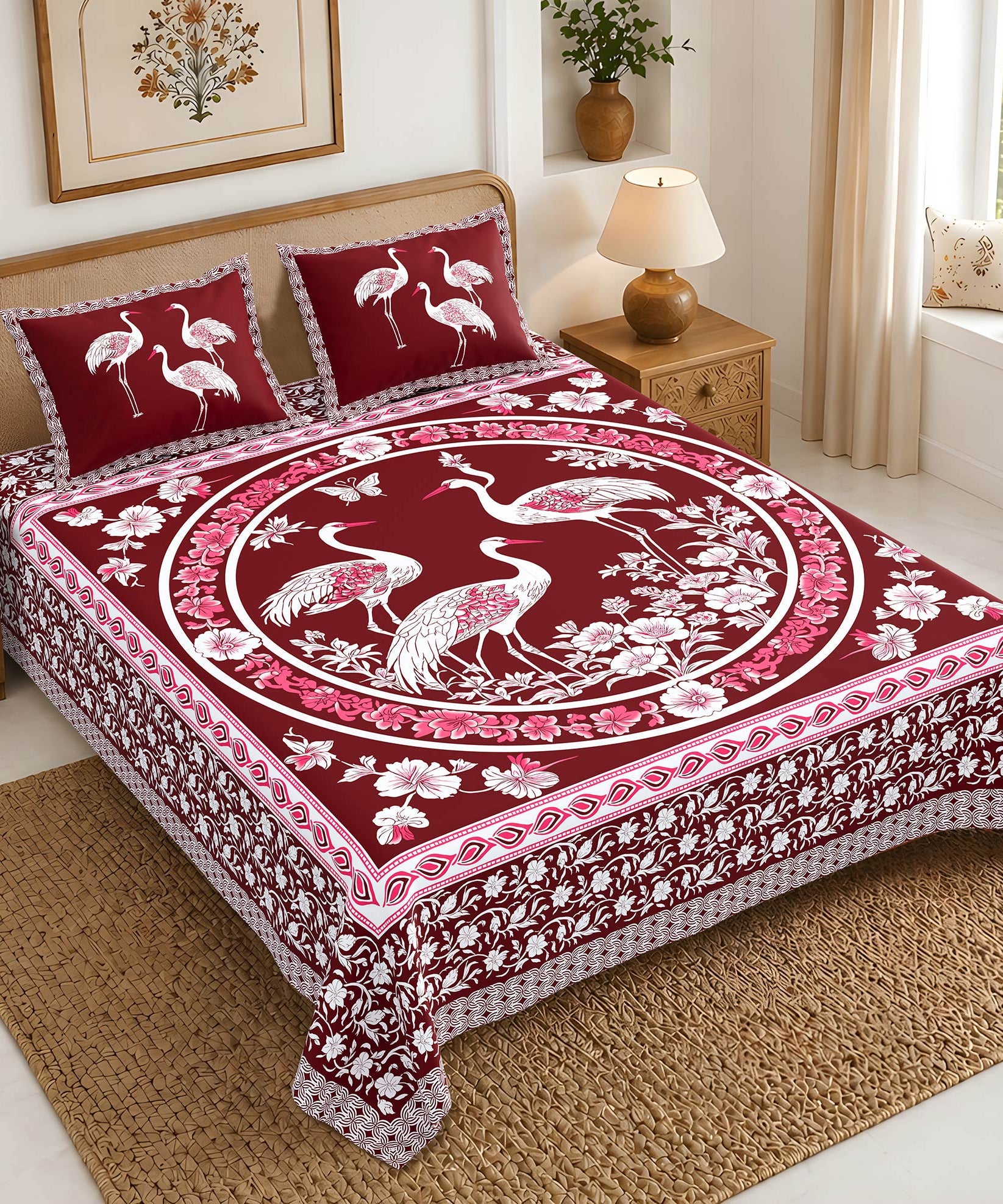Bed with red and white floral and bird patterned bedspread in a bedroom setting.