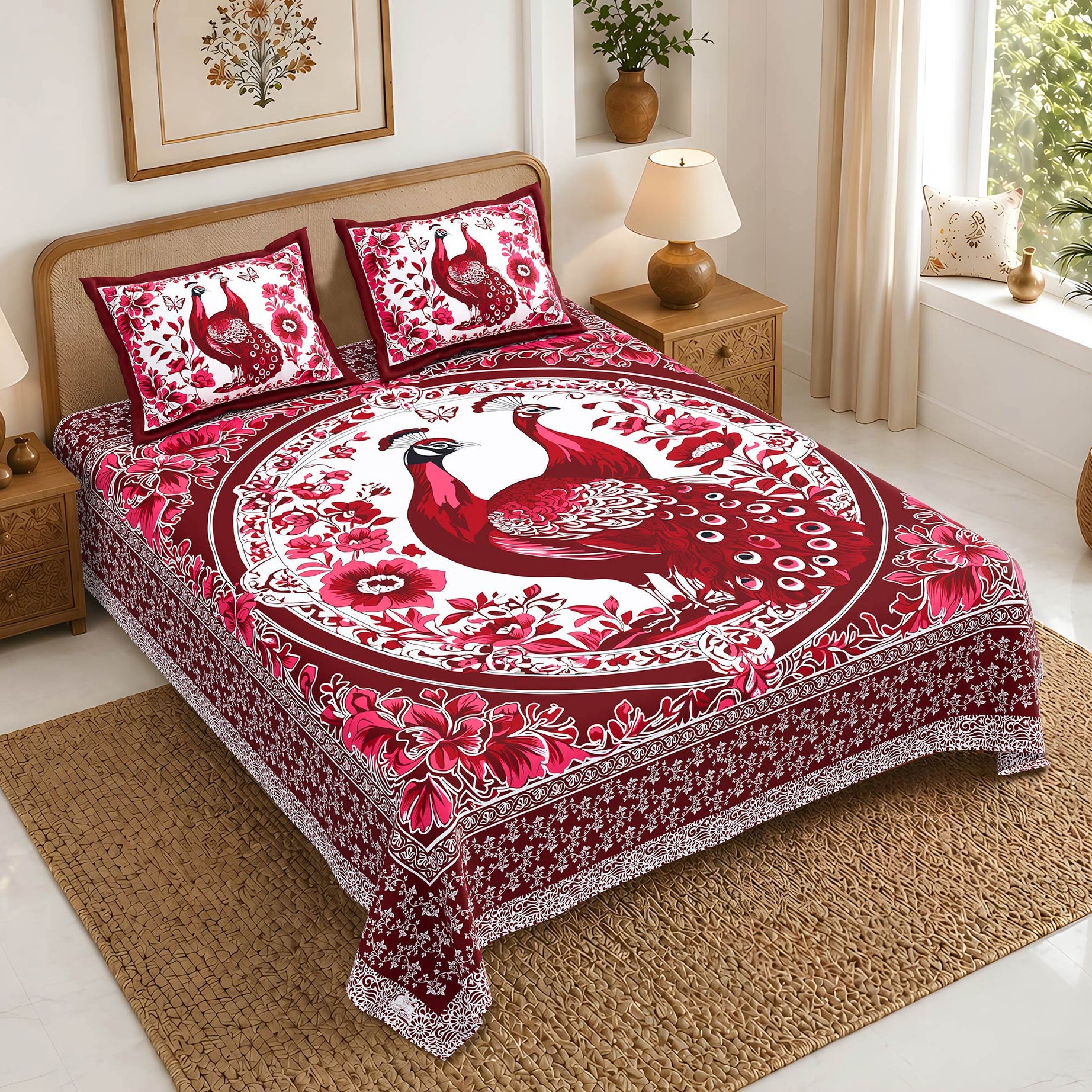 Ruby Peacock Floral Designer Bedsheet