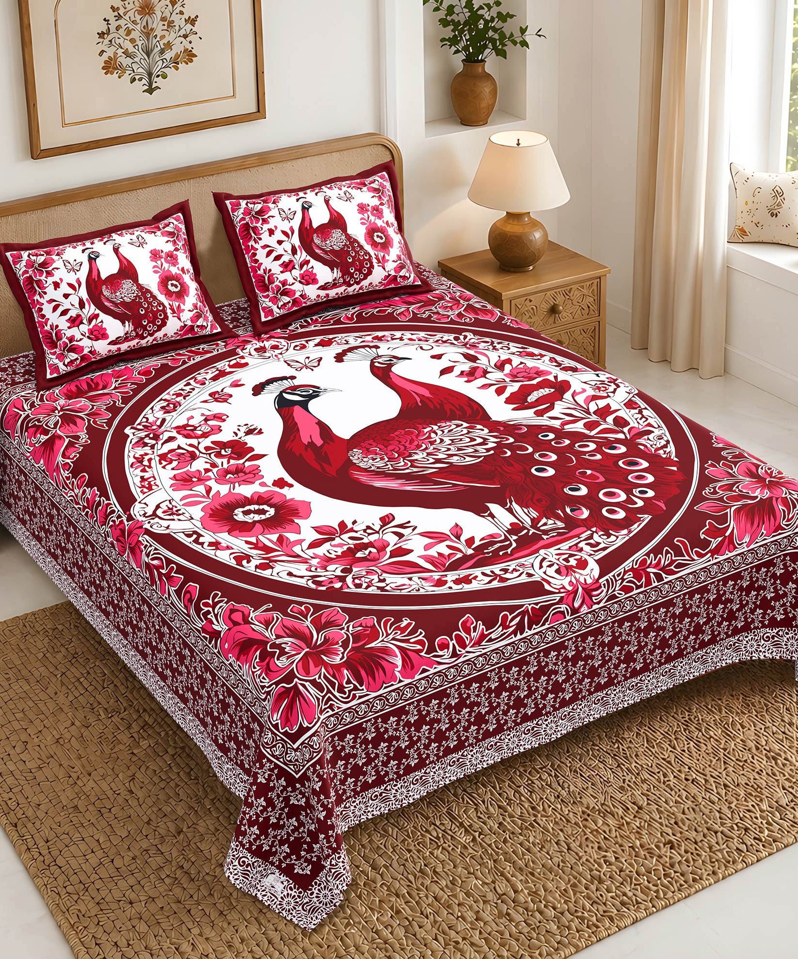Ruby Peacock Floral Designer Bedsheet