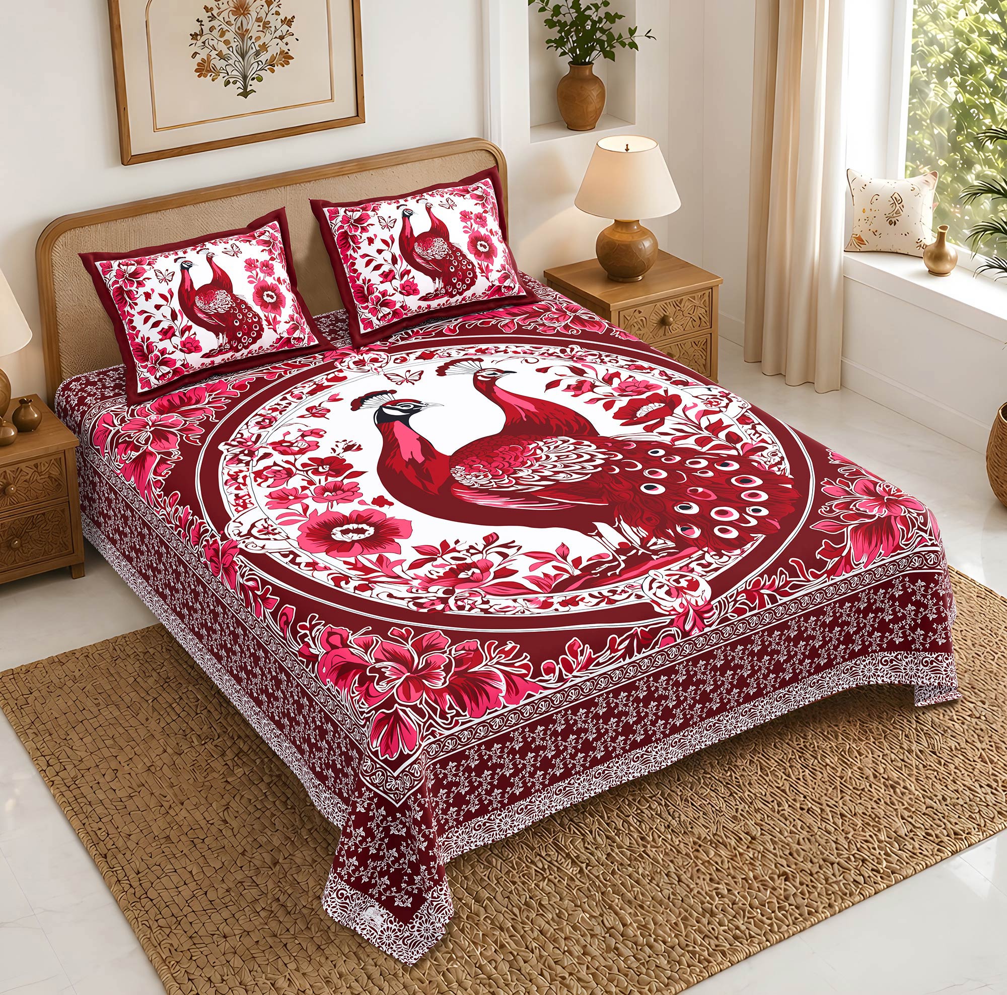 Ruby Peacock Floral Designer Bedsheet
