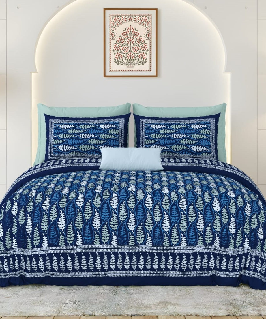 Indigo Leaf Designer King Size Bedsheet