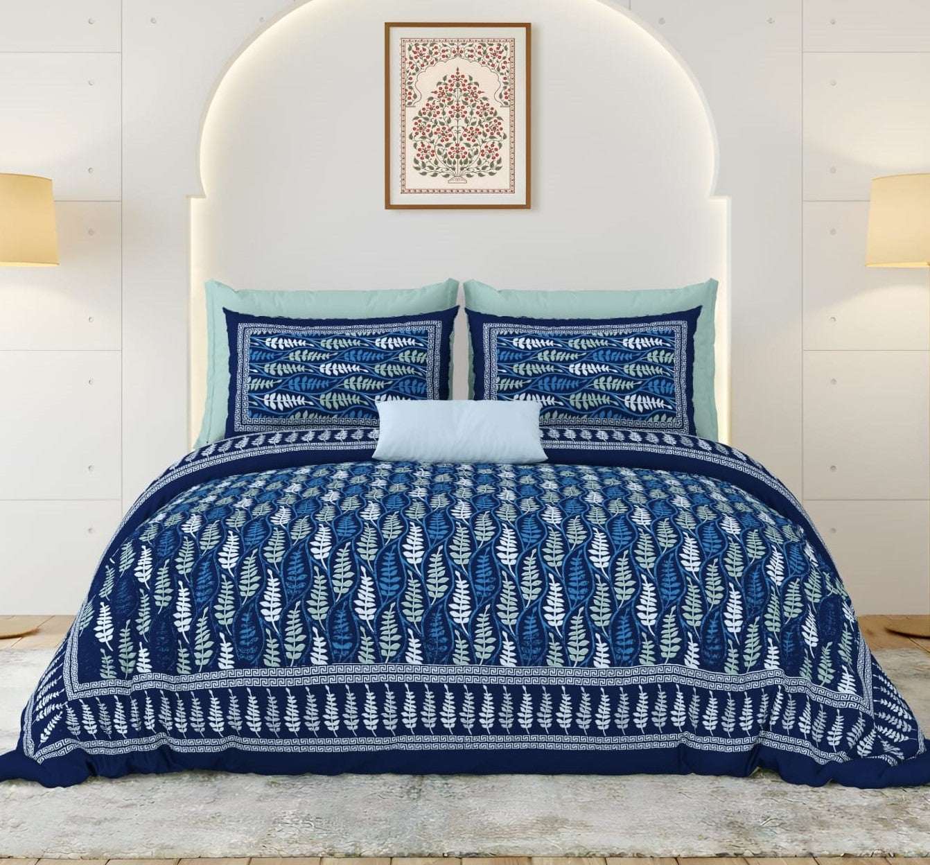 Indigo Leaf Designer King Size Bedsheet