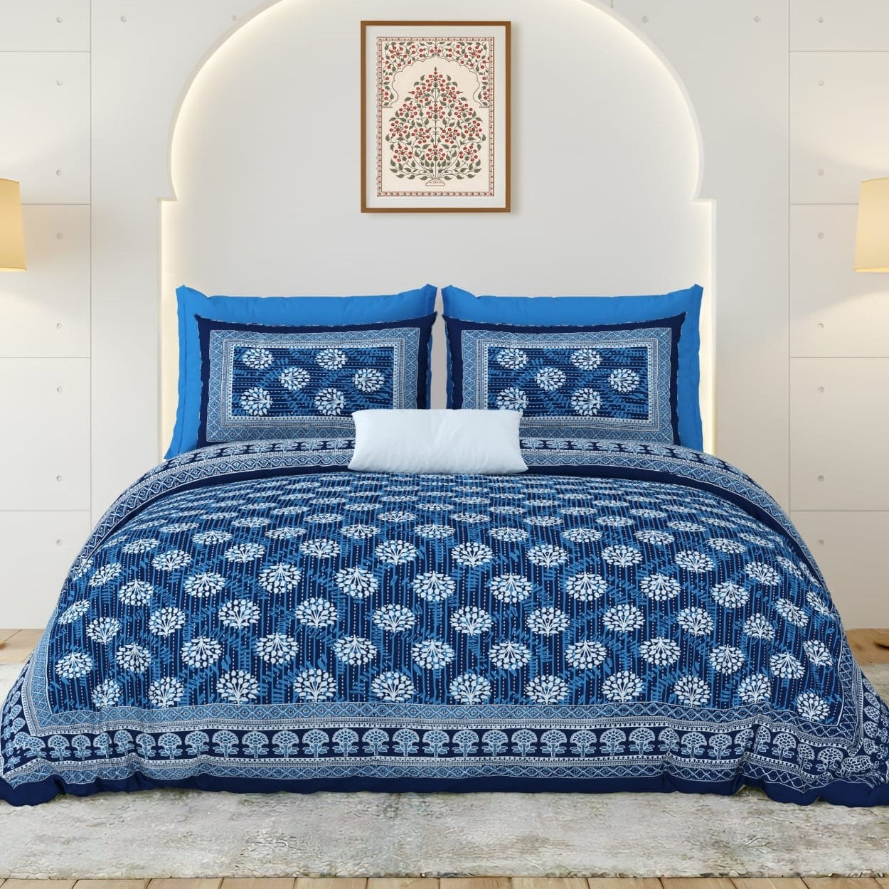 Royal Blue Floral Handblock Print Bedsheet