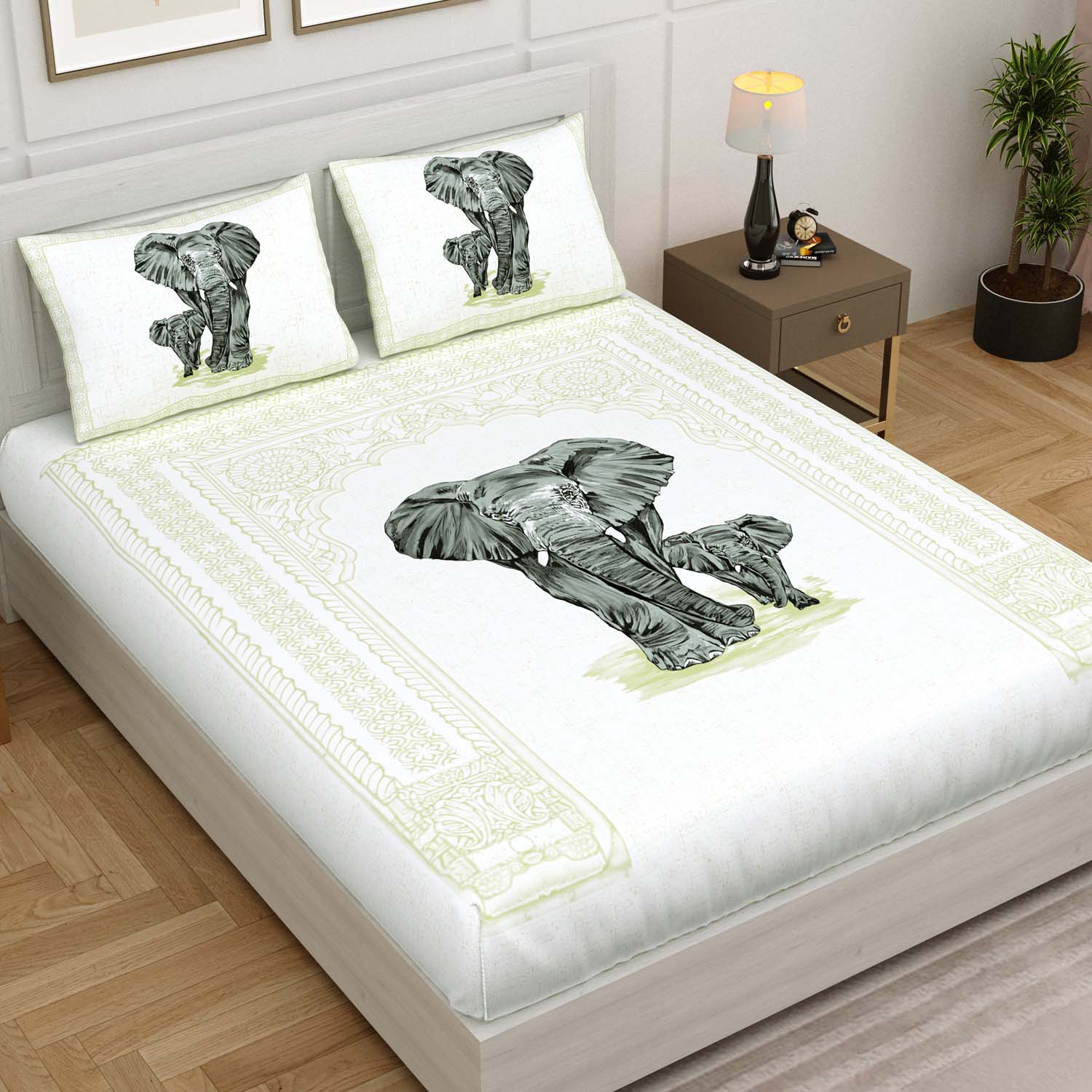 Royal Gray Elephant Print King Size Bedsheet 100x108 Inch