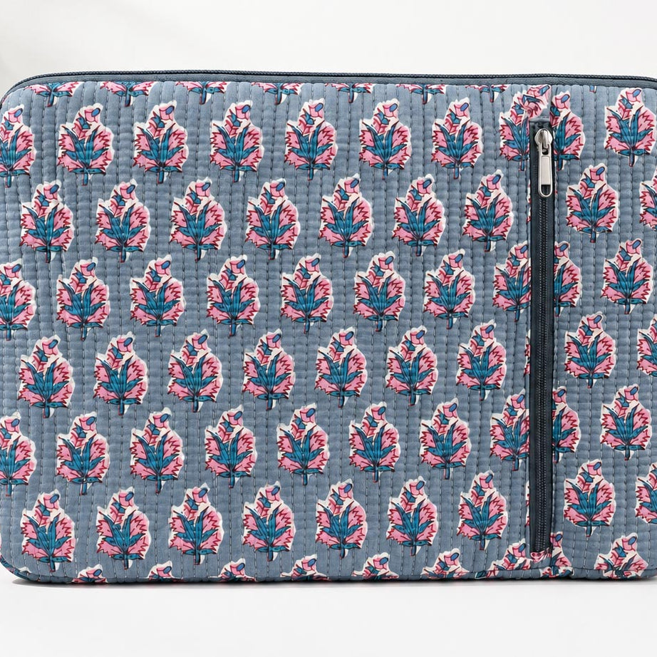 Handblock Quilted Cotton Laptop Sleeve with Front Zipper Pocket
