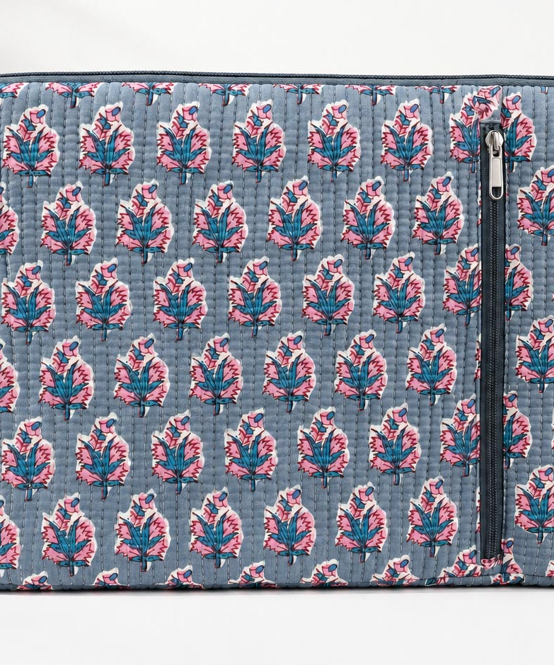 Handblock Quilted Cotton Laptop Sleeve with Front Zipper Pocket