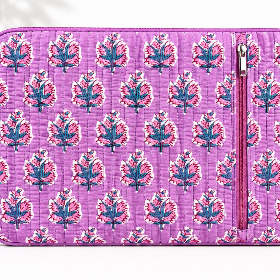 Handblock Quilted Cotton Laptop Sleeve with Front Zipper Pocket – Purple Floral