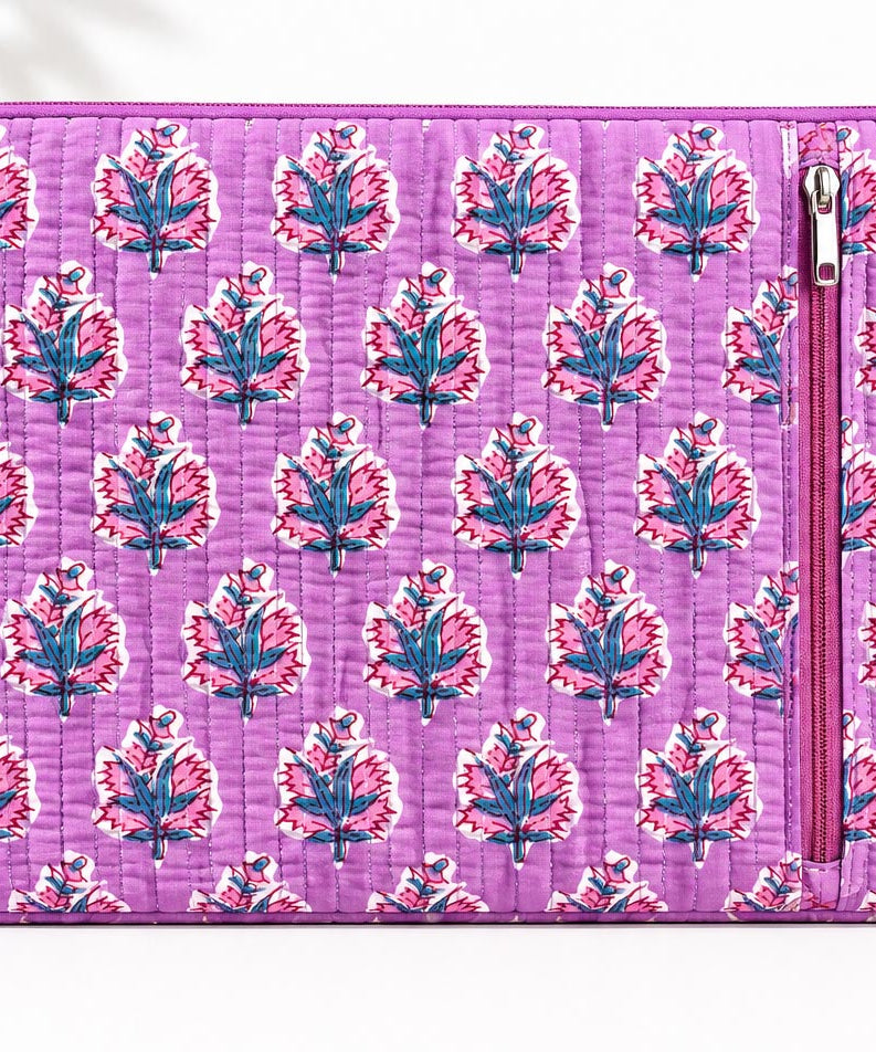 Handblock Quilted Cotton Laptop Sleeve with Front Zipper Pocket – Purple Floral