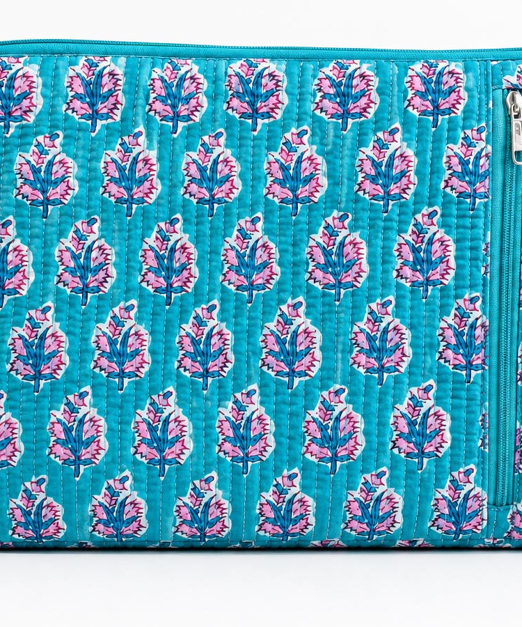 Handblock Quilted Cotton Laptop Sleeve with Front Zipper Pocket – Turquoise Floral