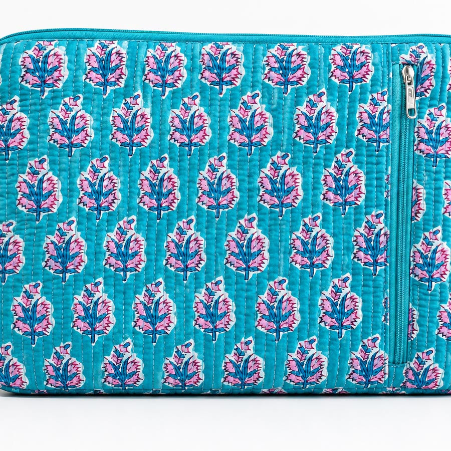 Handblock Quilted Cotton Laptop Sleeve with Front Zipper Pocket – Turquoise Floral