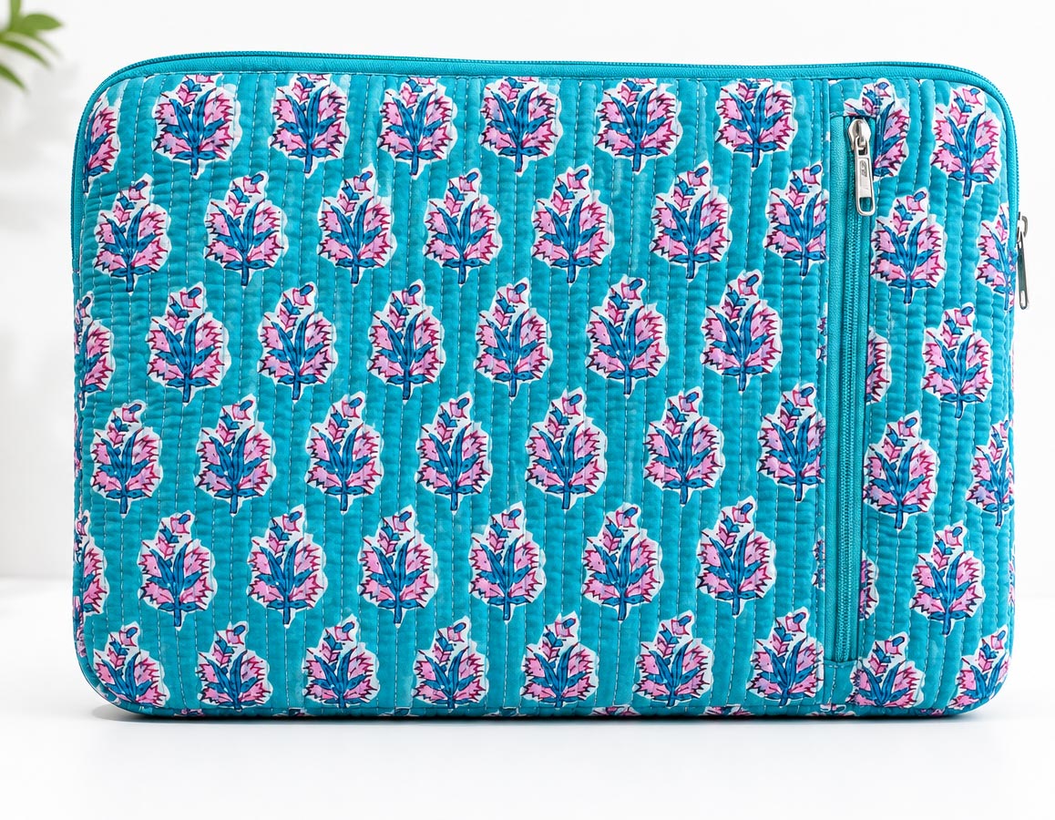 Handblock Quilted Cotton Laptop Sleeve with Front Zipper Pocket – Turquoise Floral
