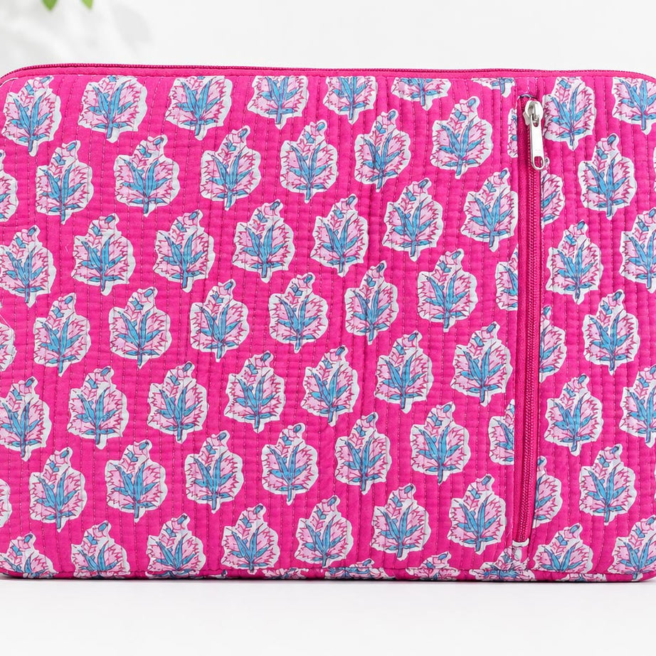 Handblock Quilted Cotton Laptop Sleeve with Front Zipper Pocket – Hot Pink Floral