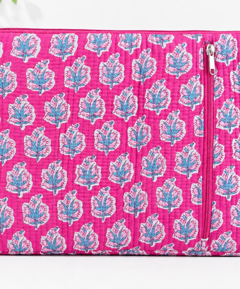 Handblock Quilted Cotton Laptop Sleeve with Front Zipper Pocket – Hot Pink Floral