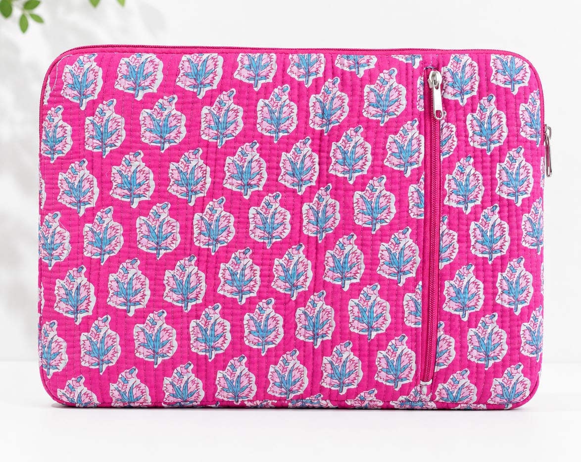 Handblock Quilted Cotton Laptop Sleeve with Front Zipper Pocket – Hot Pink Floral