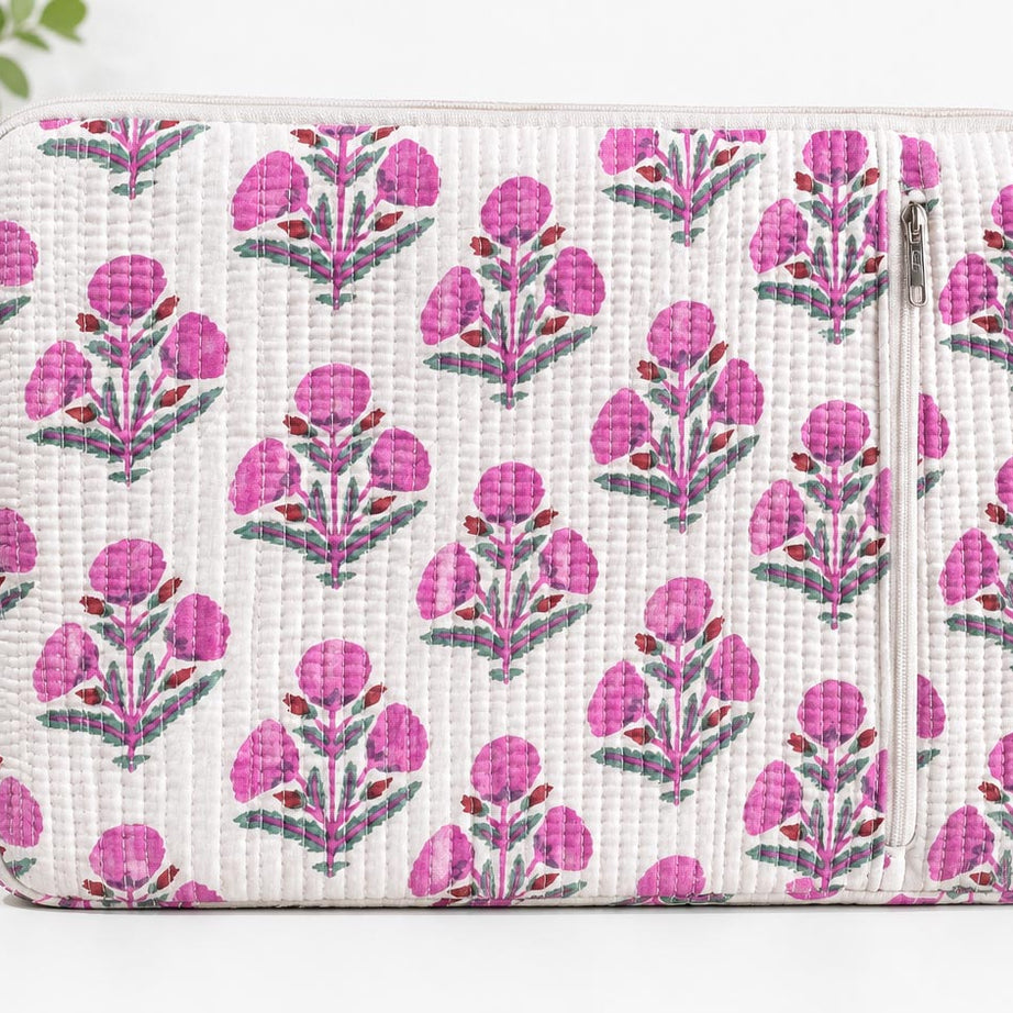 Handblock Quilted Cotton Laptop Sleeve with Front Zipper Pocket – Pink Blossom