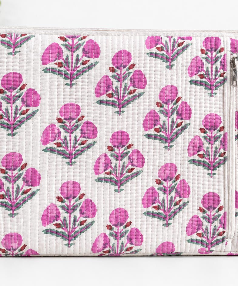 Handblock Quilted Cotton Laptop Sleeve with Front Zipper Pocket – Pink Blossom