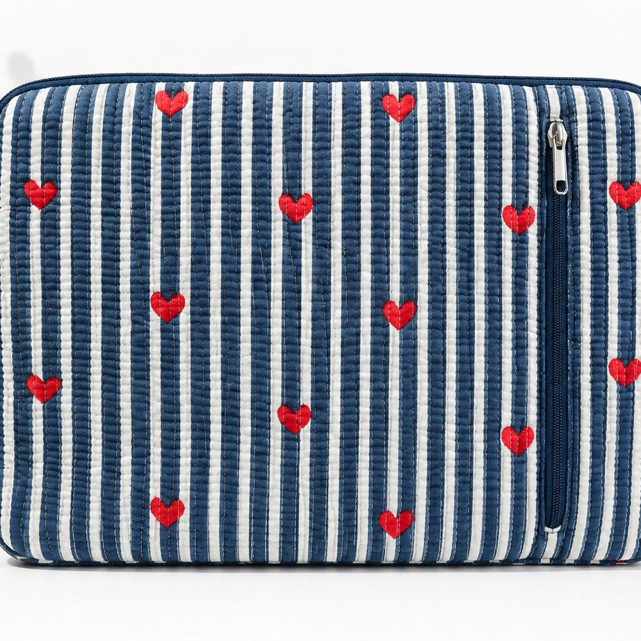 Handblock Quilted Cotton Laptop Sleeve with Front Zipper Pocket – Navy Heart Stripe