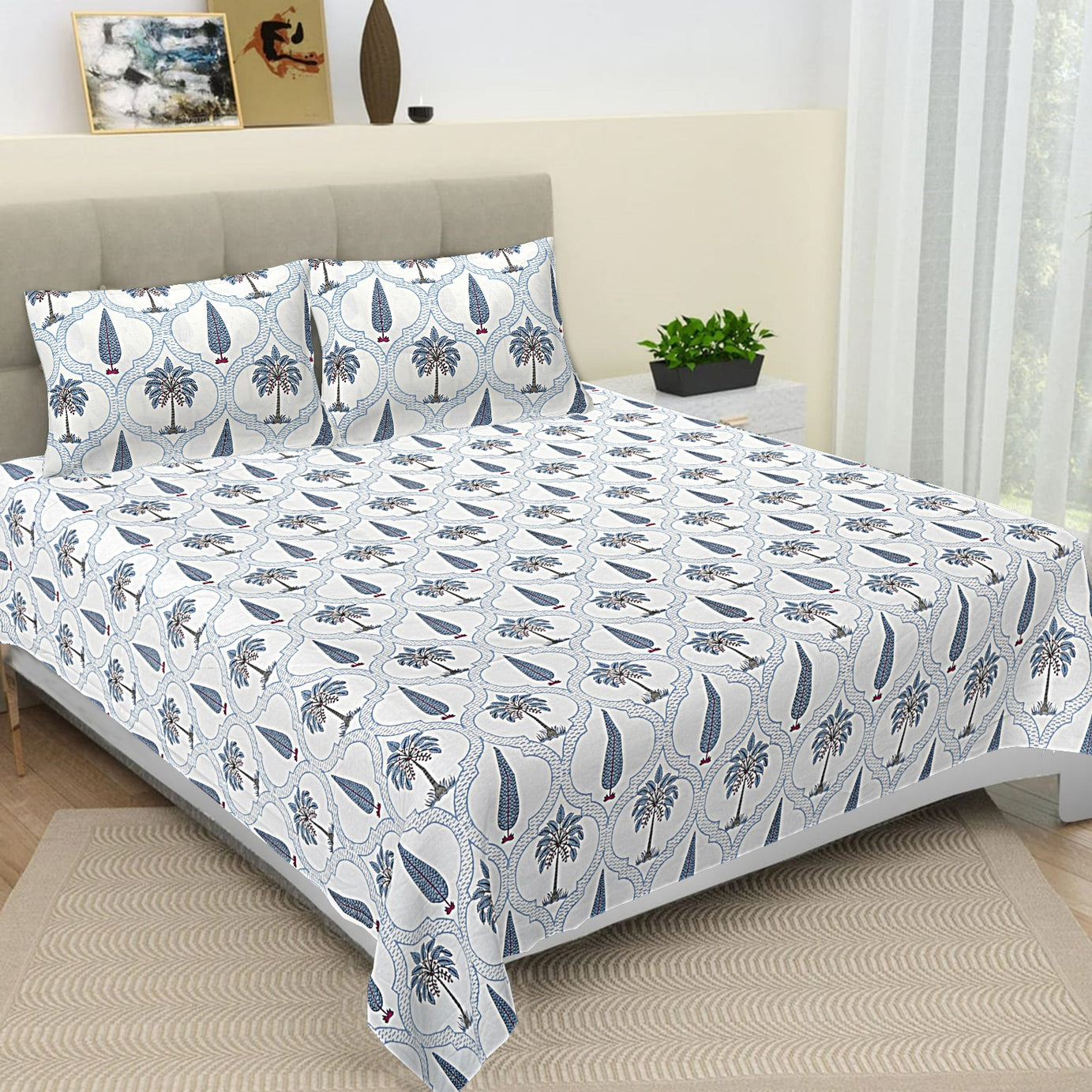 Blue Palm Blossom Premium King Size Bedsheet