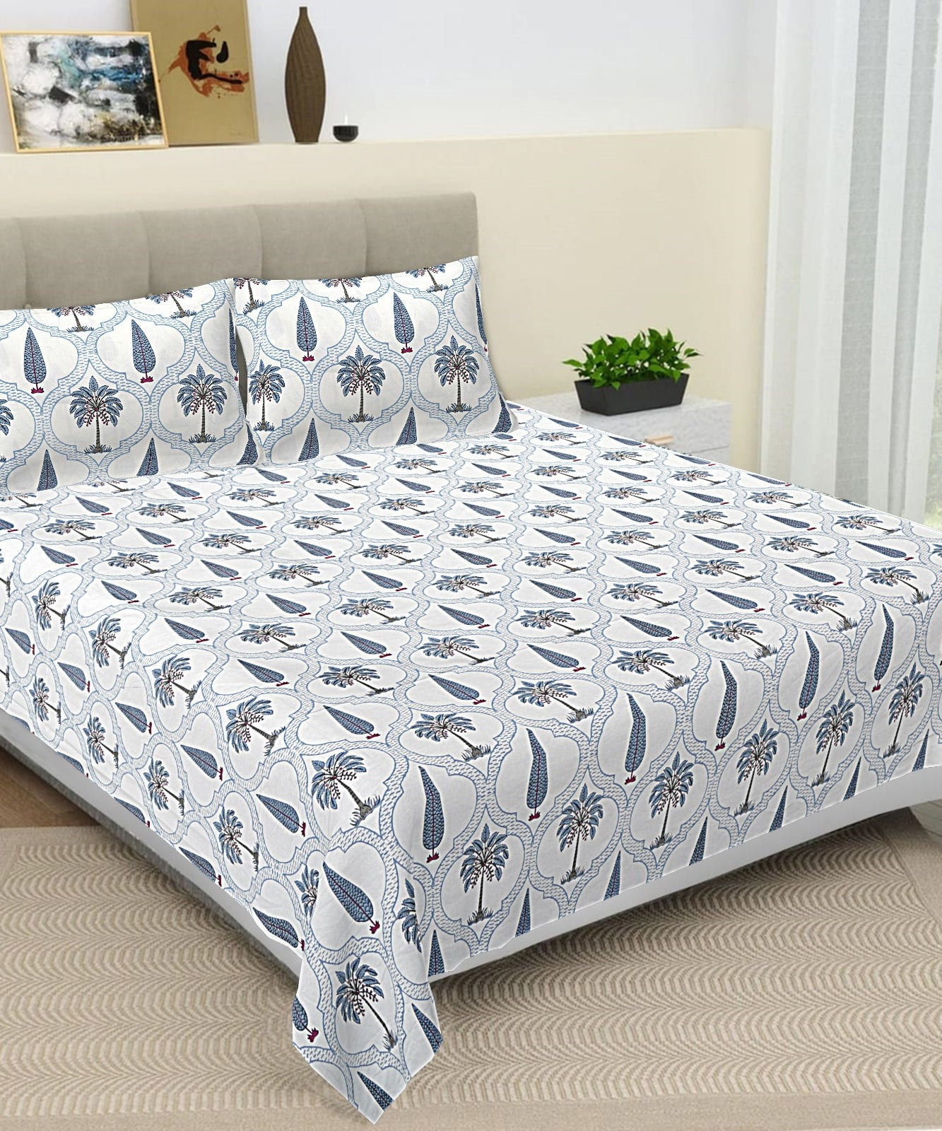Blue Palm Blossom Premium King Size Bedsheet