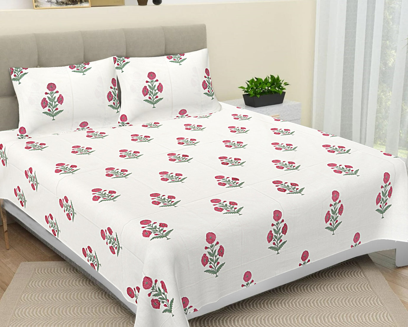 Pink Floral Buti Cotton King Size Bedsheet