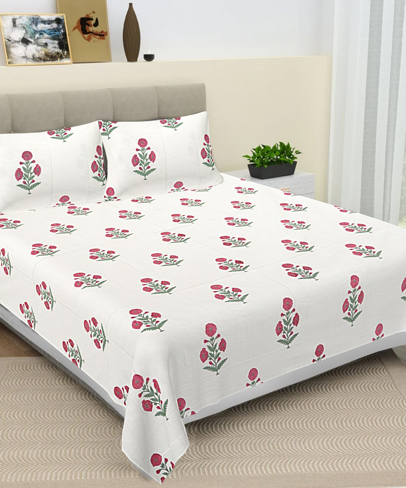 Pink Floral Buti Cotton King Size Bedsheet