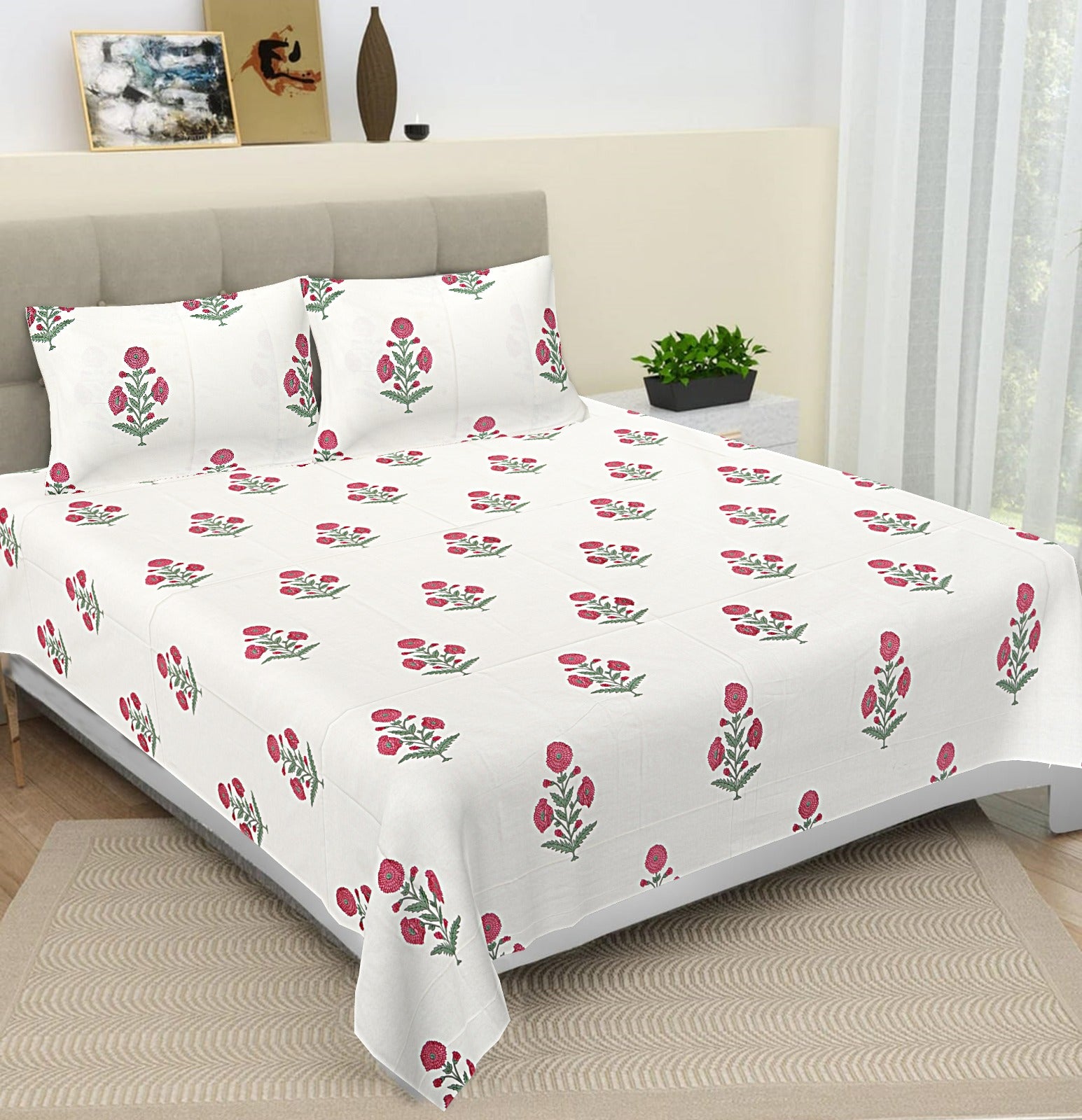 Pink Floral Buti Cotton King Size Bedsheet