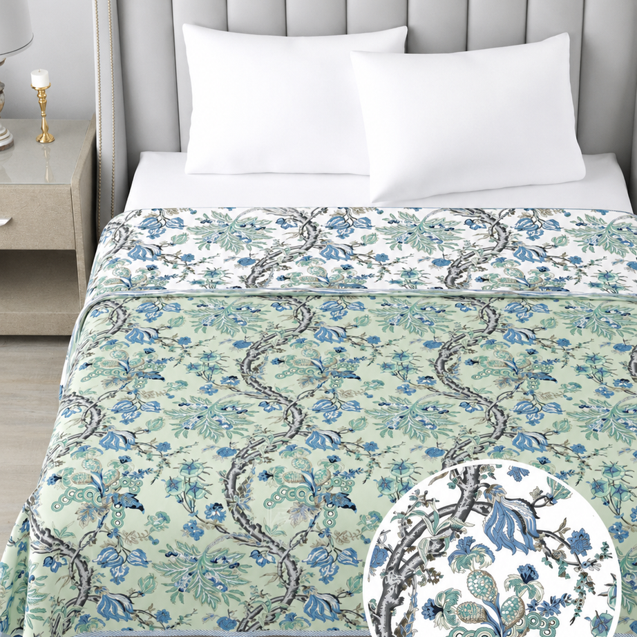 Blue Floral Reversible Cotton Dohar | King Size 90x100 Inches