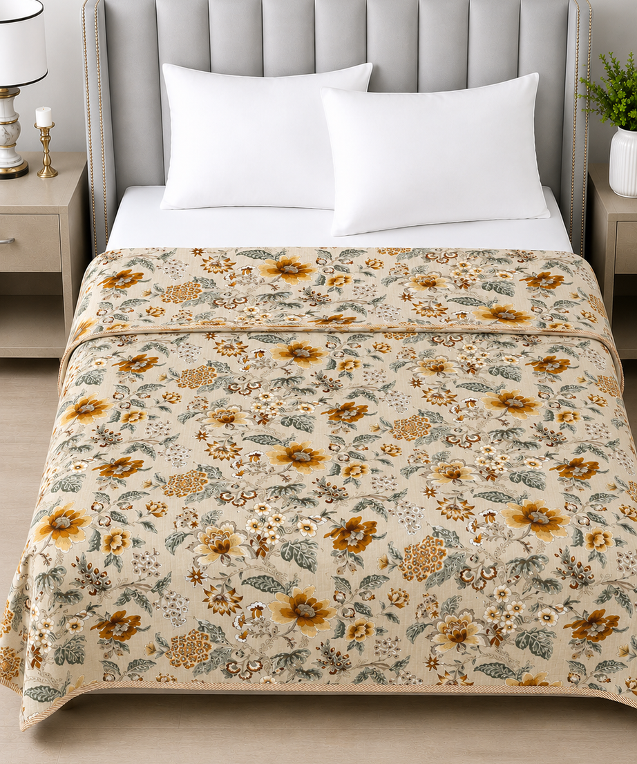 Mustard Floral Reversible Double Cotton Dohar