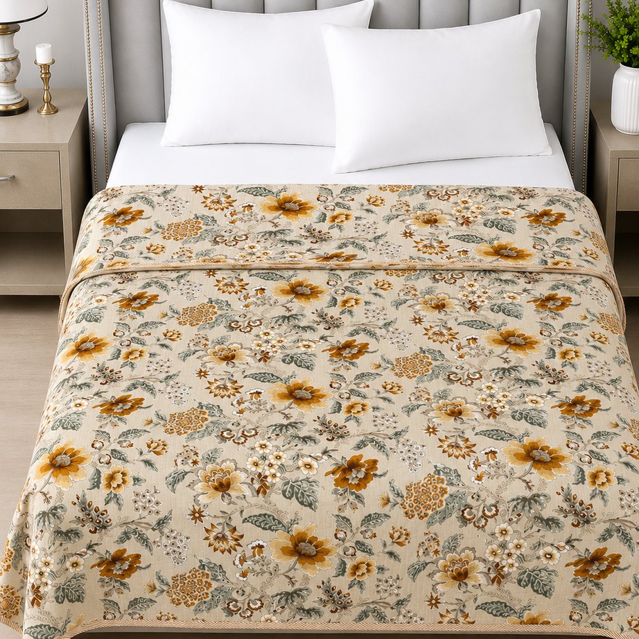 Mustard Floral Reversible Cotton Dohar | King Size 90x100 Inches