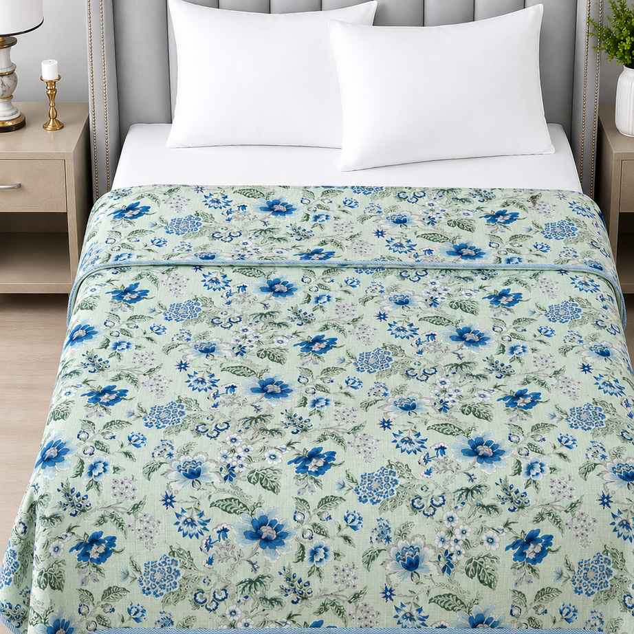 Blue Floral Reversible Cotton Dohar | King Size 90x100 Inches