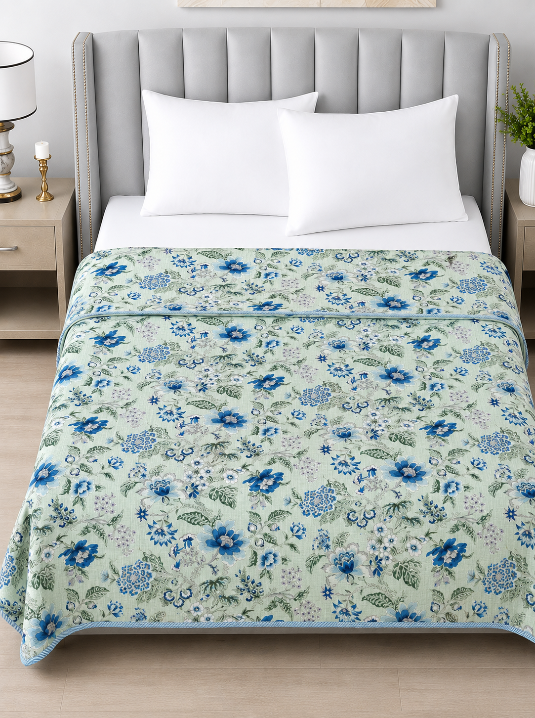 Blue Floral Reversible Cotton Dohar | King Size 90x100 Inches