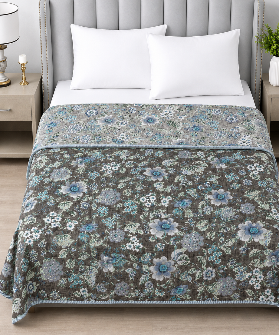 Grey Blue Floral Reversible Double Cotton Dohar