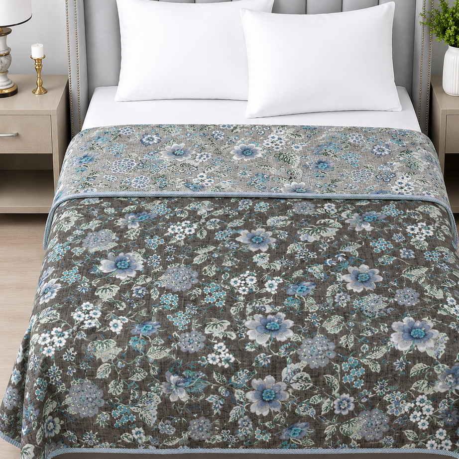 Grey Blue Floral Reversible Cotton Dohar | King Size 90x100 Inches