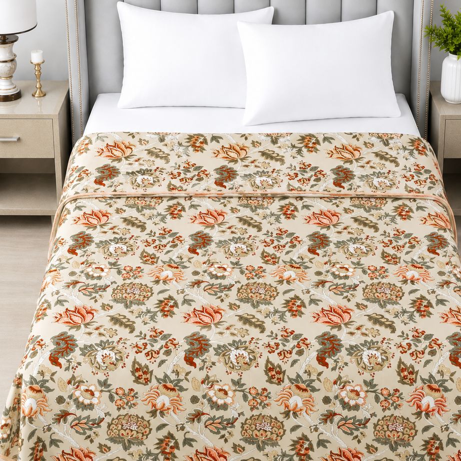 Rust Floral Reversible Cotton Dohar | King Size 90x100 Inches