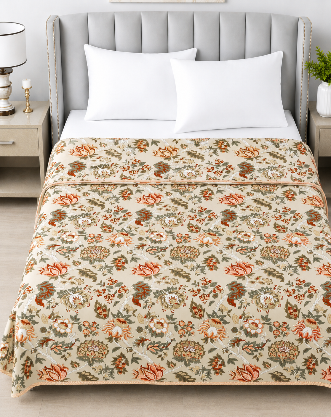 Rust Floral Reversible Cotton Dohar | King Size 90x100 Inches