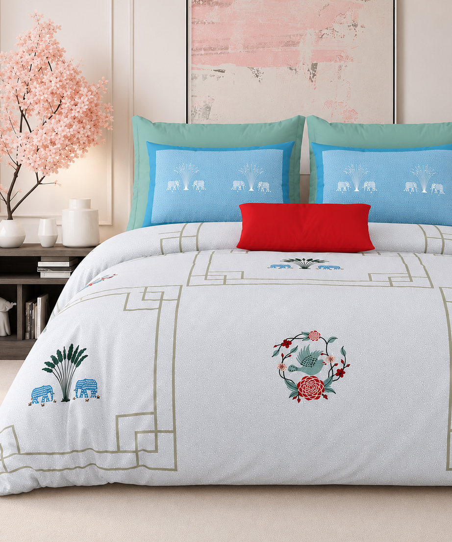 Sky Blue Elephant Garden Premium King Size Bedsheet