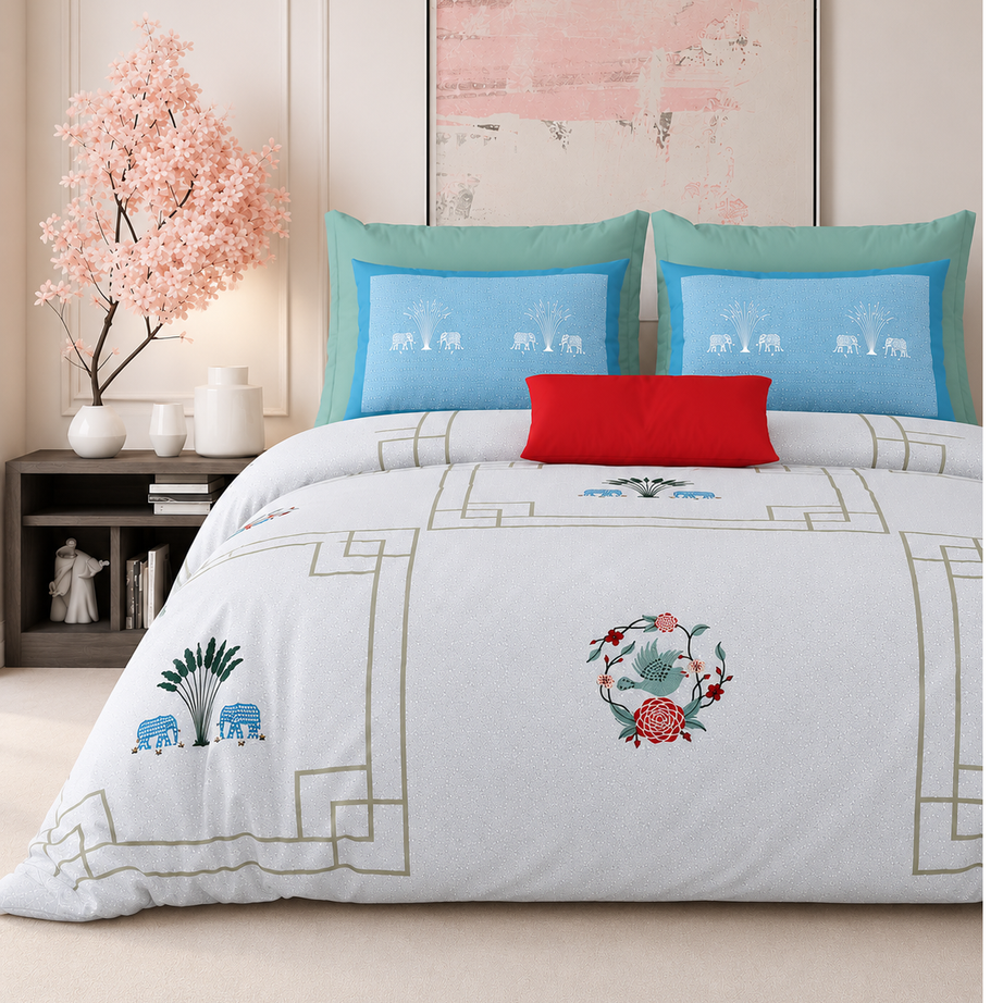 Sky Blue Elephant Garden Premium King Size Bedsheet