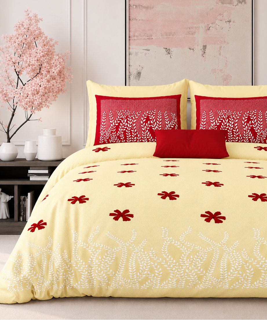 Ivory Crimson Floral Premium King Size Bedsheet